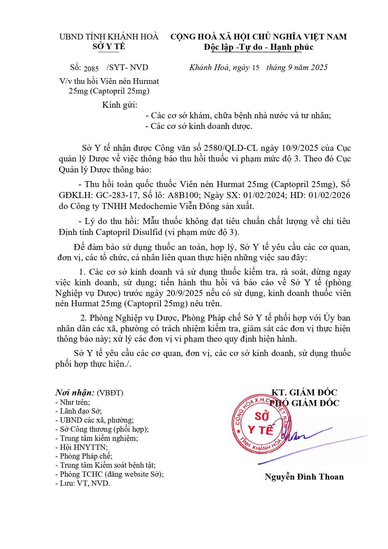 V/v thu hồi Viên nén Hurmat 25mg (Captopril 25mg)